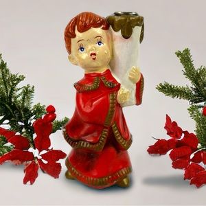 Vintage Christmas Chalkware Boy Caroler Candle Holder Hand Painted Star Japan